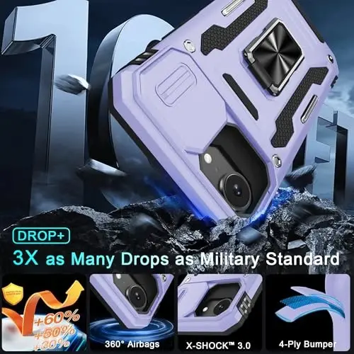 DEERLAMN Case for iPhone 17e/iPhone 16e 6.1-Inch with Slide Camera Cover+Screen Protector (2 Packs), Rotated Ring Kickstand Military Grade Shockproof Protective Cover-Light Purple - 3