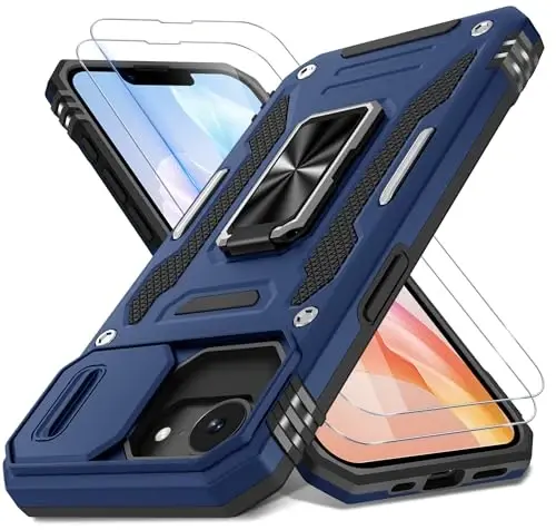 DEERLAMN Case for iPhone 17e/iPhone 16e 6.1-Inch with Slide Camera Cover+Screen Protector (2 Packs), Rotated Ring Kickstand Military Grade Shockproof Protective Cover-Navy Blue 