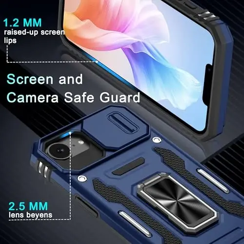 DEERLAMN Case for iPhone 17e/iPhone 16e 6.1-Inch with Slide Camera Cover+Screen Protector (2 Packs), Rotated Ring Kickstand Military Grade Shockproof Protective Cover-Navy Blue - 5