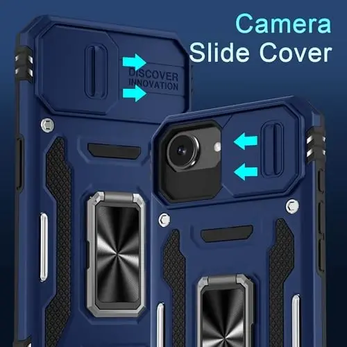 DEERLAMN Case for iPhone 17e/iPhone 16e 6.1-Inch with Slide Camera Cover+Screen Protector (2 Packs), Rotated Ring Kickstand Military Grade Shockproof Protective Cover-Navy Blue - 2