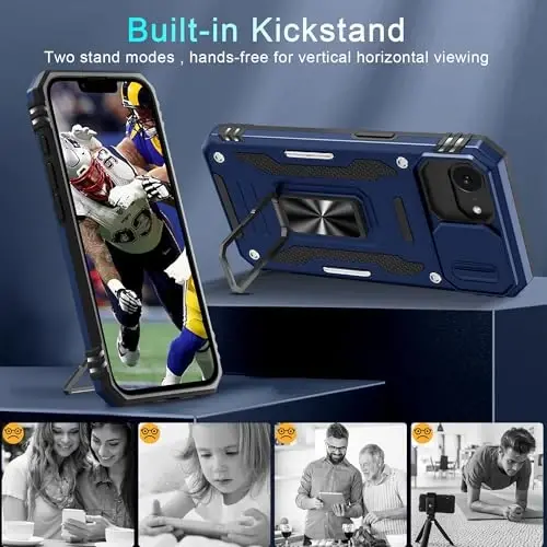 DEERLAMN Case for iPhone 17e/iPhone 16e 6.1-Inch with Slide Camera Cover+Screen Protector (2 Packs), Rotated Ring Kickstand Military Grade Shockproof Protective Cover-Navy Blue - 4
