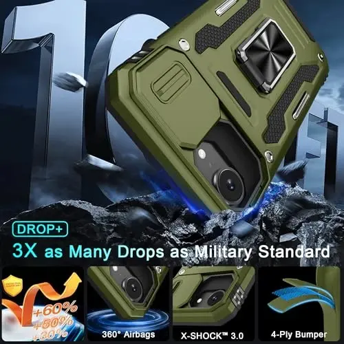 DEERLAMN Case for iPhone 17e/iPhone 16e 6.1-Inch with Slide Camera Cover+Screen Protector (2 Packs), Rotated Ring Kickstand Military Grade Shockproof Protective Cover-Olive Green - 3