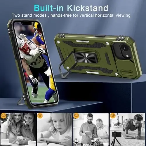 DEERLAMN Case for iPhone 17e/iPhone 16e 6.1-Inch with Slide Camera Cover+Screen Protector (2 Packs), Rotated Ring Kickstand Military Grade Shockproof Protective Cover-Olive Green - 4