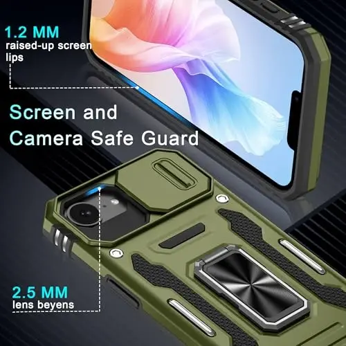 DEERLAMN Case for iPhone 17e/iPhone 16e 6.1-Inch with Slide Camera Cover+Screen Protector (2 Packs), Rotated Ring Kickstand Military Grade Shockproof Protective Cover-Olive Green - 5