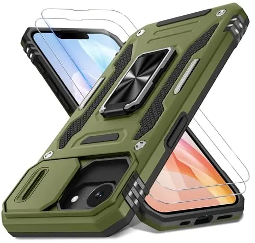 DEERLAMN Case for iPhone 17e/iPhone 16e 6.1-Inch with Slide Camera Cover+Screen Protector (2 Packs), Rotated Ring Kickstand Military Grade Shockproof Protective Cover-Olive Green - 1