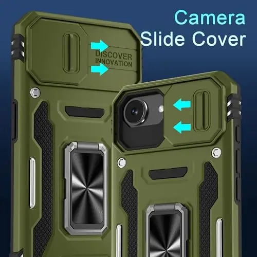 DEERLAMN Case for iPhone 17e/iPhone 16e 6.1-Inch with Slide Camera Cover+Screen Protector (2 Packs), Rotated Ring Kickstand Military Grade Shockproof Protective Cover-Olive Green - 2