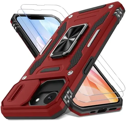 DEERLAMN Case for iPhone 17e/iPhone 16e 6.1-Inch with Slide Camera Cover+Screen Protector (2 Packs), Rotated Ring Kickstand Military Grade Shockproof Protective Cover-Red 