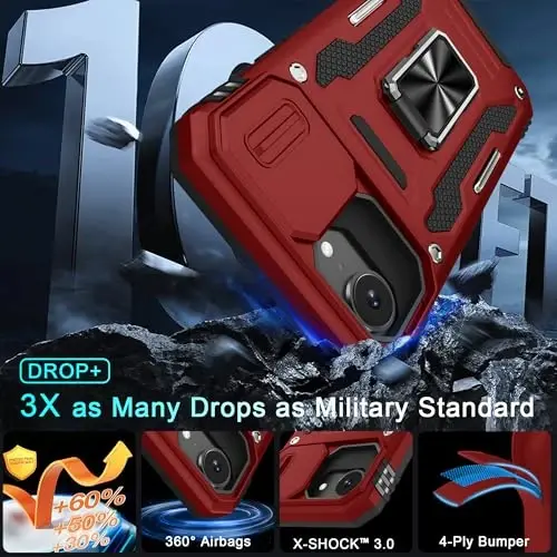 DEERLAMN Case for iPhone 17e/iPhone 16e 6.1-Inch with Slide Camera Cover+Screen Protector (2 Packs), Rotated Ring Kickstand Military Grade Shockproof Protective Cover-Red - 3