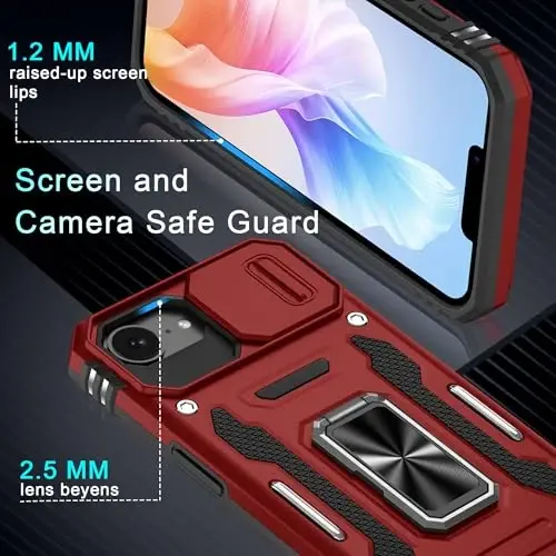 DEERLAMN Case for iPhone 17e/iPhone 16e 6.1-Inch with Slide Camera Cover+Screen Protector (2 Packs), Rotated Ring Kickstand Military Grade Shockproof Protective Cover-Red - 5