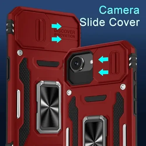 DEERLAMN Case for iPhone 17e/iPhone 16e 6.1-Inch with Slide Camera Cover+Screen Protector (2 Packs), Rotated Ring Kickstand Military Grade Shockproof Protective Cover-Red - 2