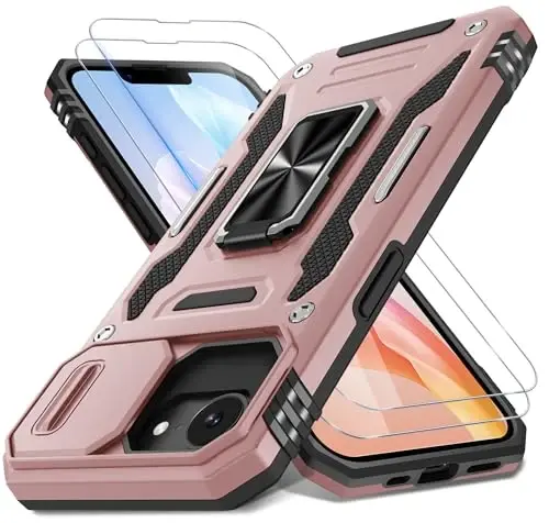 DEERLAMN Case for iPhone 17e/iPhone 16e 6.1-Inch with Slide Camera Cover+Screen Protector (2 Packs), Rotated Ring Kickstand Military Grade Shockproof Protective Cover-Rose Gold 