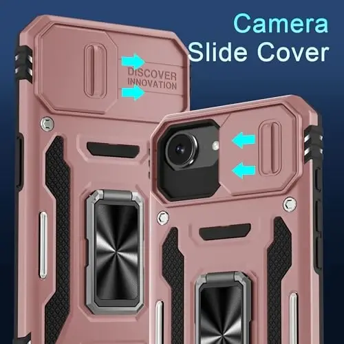 DEERLAMN Case for iPhone 17e/iPhone 16e 6.1-Inch with Slide Camera Cover+Screen Protector (2 Packs), Rotated Ring Kickstand Military Grade Shockproof Protective Cover-Rose Gold - 2