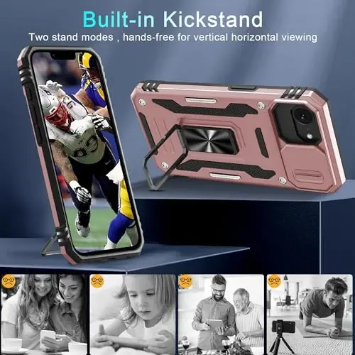 DEERLAMN Case for iPhone 17e/iPhone 16e 6.1-Inch with Slide Camera Cover+Screen Protector (2 Packs), Rotated Ring Kickstand Military Grade Shockproof Protective Cover-Rose Gold - 4