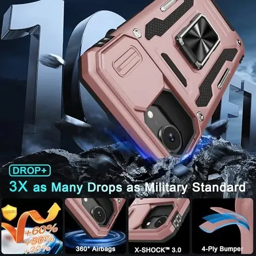 DEERLAMN Case for iPhone 17e/iPhone 16e 6.1-Inch with Slide Camera Cover+Screen Protector (2 Packs), Rotated Ring Kickstand Military Grade Shockproof Protective Cover-Rose Gold - 3
