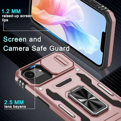 DEERLAMN Case for iPhone 17e/iPhone 16e 6.1-Inch with Slide Camera Cover+Screen Protector (2 Packs), Rotated Ring Kickstand Military Grade Shockproof Protective Cover-Rose Gold - 5