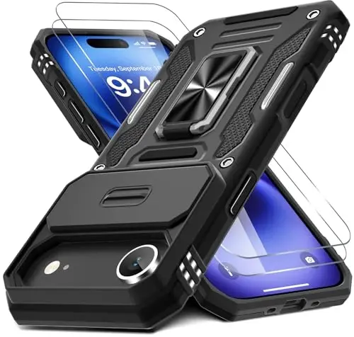 DEERLAMN Case for iPhone Air 6.5-Inch with Slide Camera Cover+Screen Protector(2 Packs), Rotated Ring Kickstand Military Grade Shockproof Protective Cover-Black 