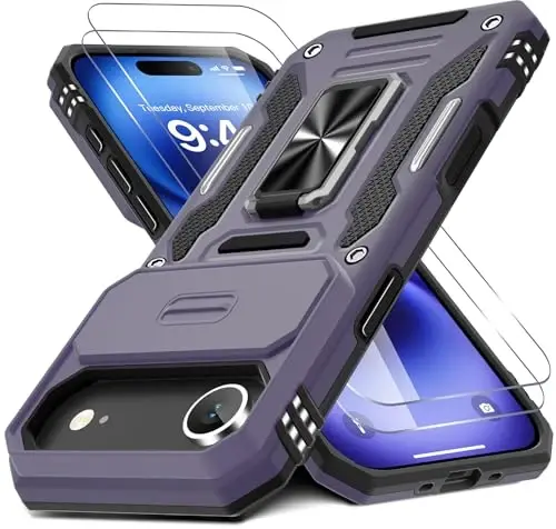 DEERLAMN Case for iPhone Air 6.5-Inch with Slide Camera Cover+Screen Protector(2 Packs), Rotated Ring Kickstand Military Grade Shockproof Protective Cover-Deep Purple 
