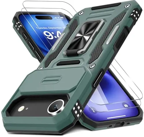 DEERLAMN Case for iPhone Air 6.5-Inch with Slide Camera Cover+Screen Protector(2 Packs), Rotated Ring Kickstand Military Grade Shockproof Protective Cover-Green 