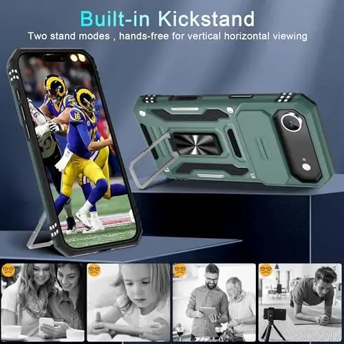 DEERLAMN Case for iPhone Air 6.5-Inch with Slide Camera Cover+Screen Protector(2 Packs), Rotated Ring Kickstand Military Grade Shockproof Protective Cover-Green - 4