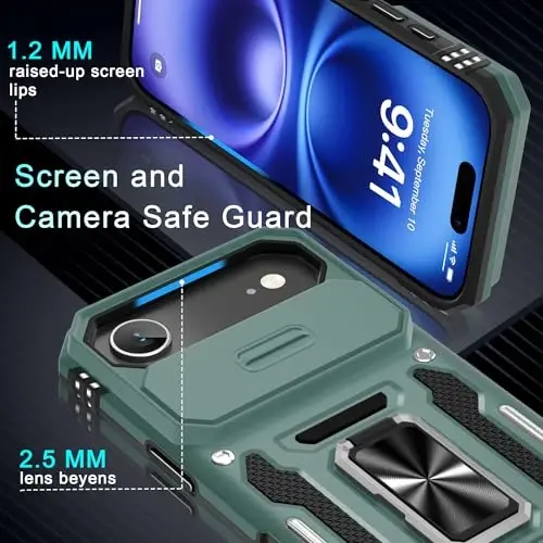 DEERLAMN Case for iPhone Air 6.5-Inch with Slide Camera Cover+Screen Protector(2 Packs), Rotated Ring Kickstand Military Grade Shockproof Protective Cover-Green - 5