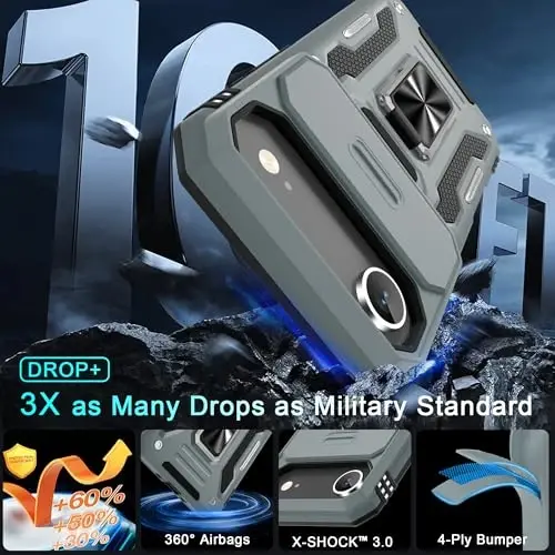 DEERLAMN Case for iPhone Air 6.5-Inch with Slide Camera Cover+Screen Protector(2 Packs), Rotated Ring Kickstand Military Grade Shockproof Protective Cover-Grey - 3