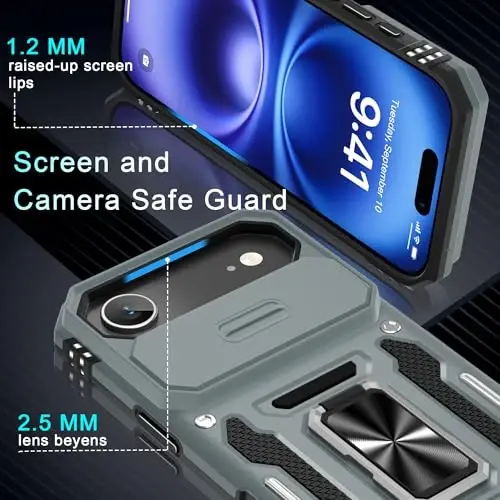 DEERLAMN Case for iPhone Air 6.5-Inch with Slide Camera Cover+Screen Protector(2 Packs), Rotated Ring Kickstand Military Grade Shockproof Protective Cover-Grey - 5