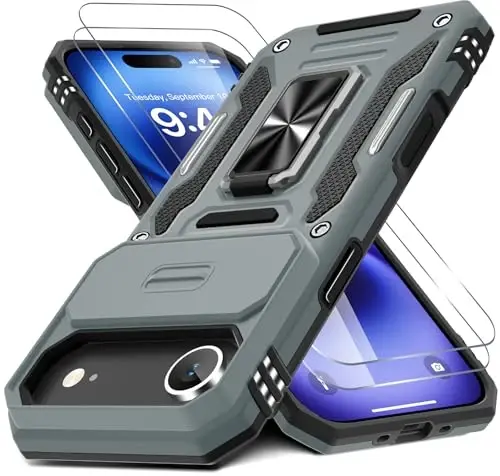 DEERLAMN Case for iPhone Air 6.5-Inch with Slide Camera Cover+Screen Protector(2 Packs), Rotated Ring Kickstand Military Grade Shockproof Protective Cover-Grey 
