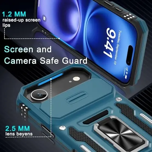 DEERLAMN Case for iPhone Air 6.5-Inch with Slide Camera Cover+Screen Protector(2 Packs), Rotated Ring Kickstand Military Grade Shockproof Protective Cover-Light Blue - 5