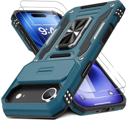 DEERLAMN Case for iPhone Air 6.5-Inch with Slide Camera Cover+Screen Protector(2 Packs), Rotated Ring Kickstand Military Grade Shockproof Protective Cover-Light Blue - DEERLAMN