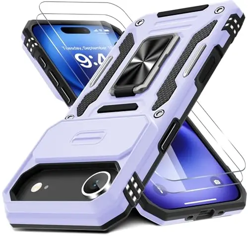 DEERLAMN Case for iPhone Air 6.5-Inch with Slide Camera Cover+Screen Protector(2 Packs), Rotated Ring Kickstand Military Grade Shockproof Protective Cover-Light Purple - DEERLAMN