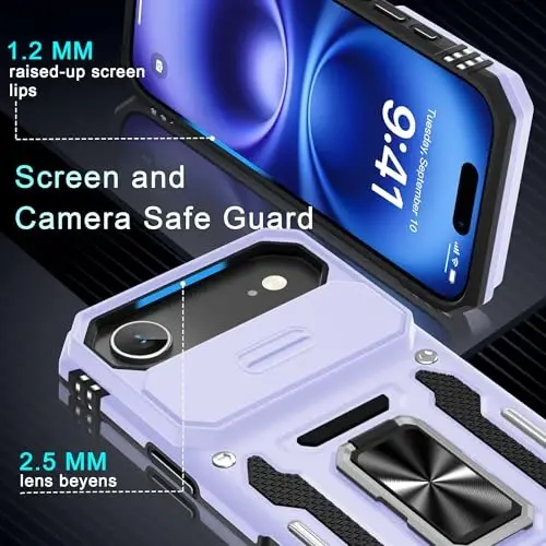 DEERLAMN Case for iPhone Air 6.5-Inch with Slide Camera Cover+Screen Protector(2 Packs), Rotated Ring Kickstand Military Grade Shockproof Protective Cover-Light Purple - 5