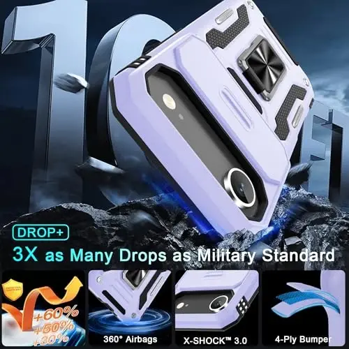 DEERLAMN Case for iPhone Air 6.5-Inch with Slide Camera Cover+Screen Protector(2 Packs), Rotated Ring Kickstand Military Grade Shockproof Protective Cover-Light Purple - 3