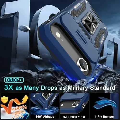 DEERLAMN Case for iPhone Air 6.5-Inch with Slide Camera Cover+Screen Protector(2 Packs), Rotated Ring Kickstand Military Grade Shockproof Protective Cover-Navy Blue - 3