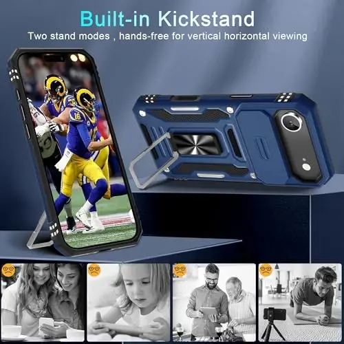 DEERLAMN Case for iPhone Air 6.5-Inch with Slide Camera Cover+Screen Protector(2 Packs), Rotated Ring Kickstand Military Grade Shockproof Protective Cover-Navy Blue - 4