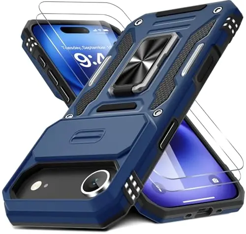 DEERLAMN Case for iPhone Air 6.5-Inch with Slide Camera Cover+Screen Protector(2 Packs), Rotated Ring Kickstand Military Grade Shockproof Protective Cover-Navy Blue - DEERLAMN