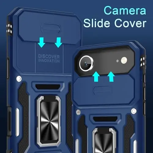 DEERLAMN Case for iPhone Air 6.5-Inch with Slide Camera Cover+Screen Protector(2 Packs), Rotated Ring Kickstand Military Grade Shockproof Protective Cover-Navy Blue - 2