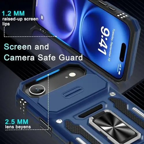 DEERLAMN Case for iPhone Air 6.5-Inch with Slide Camera Cover+Screen Protector(2 Packs), Rotated Ring Kickstand Military Grade Shockproof Protective Cover-Navy Blue - 5