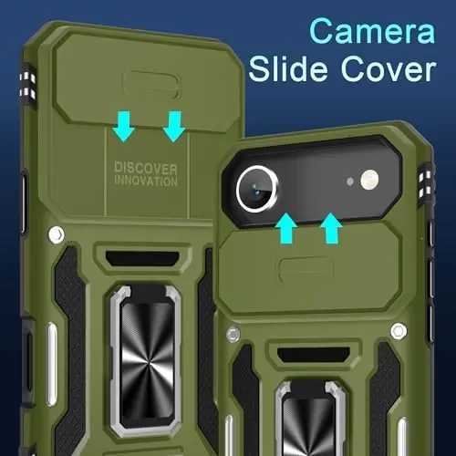DEERLAMN Case for iPhone Air 6.5-Inch with Slide Camera Cover+Screen Protector(2 Packs), Rotated Ring Kickstand Military Grade Shockproof Protective Cover-Olive Green - 2