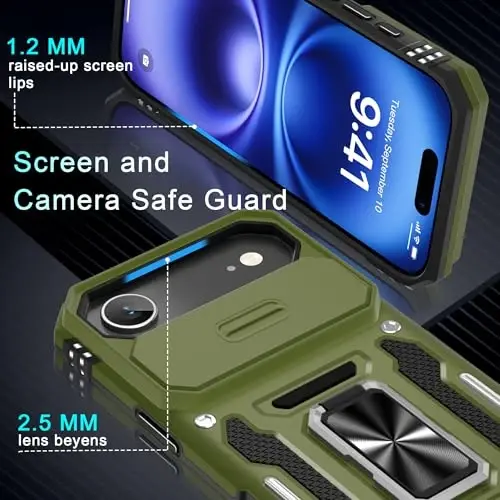 DEERLAMN Case for iPhone Air 6.5-Inch with Slide Camera Cover+Screen Protector(2 Packs), Rotated Ring Kickstand Military Grade Shockproof Protective Cover-Olive Green - 5