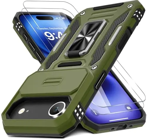 DEERLAMN Case for iPhone Air 6.5-Inch with Slide Camera Cover+Screen Protector(2 Packs), Rotated Ring Kickstand Military Grade Shockproof Protective Cover-Olive Green - DEERLAMN