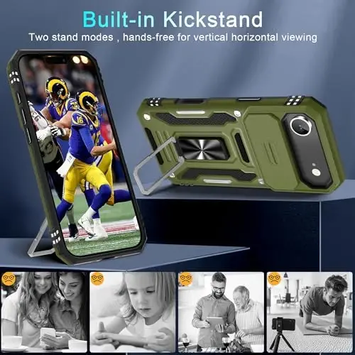 DEERLAMN Case for iPhone Air 6.5-Inch with Slide Camera Cover+Screen Protector(2 Packs), Rotated Ring Kickstand Military Grade Shockproof Protective Cover-Olive Green - 4