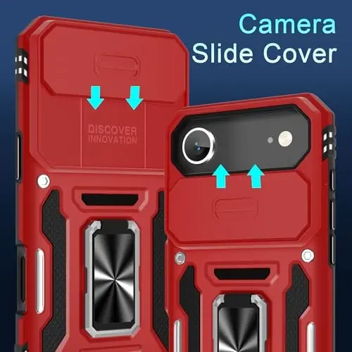 DEERLAMN Case for iPhone Air 6.5-Inch with Slide Camera Cover+Screen Protector(2 Packs), Rotated Ring Kickstand Military Grade Shockproof Protective Cover-Red - 2