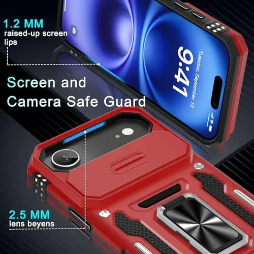 DEERLAMN Case for iPhone Air 6.5-Inch with Slide Camera Cover+Screen Protector(2 Packs), Rotated Ring Kickstand Military Grade Shockproof Protective Cover-Red - 5