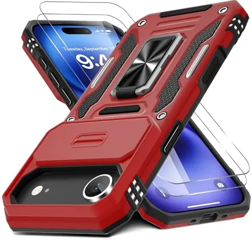 DEERLAMN Case for iPhone Air 6.5-Inch with Slide Camera Cover+Screen Protector(2 Packs), Rotated Ring Kickstand Military Grade Shockproof Protective Cover-Red - DEERLAMN