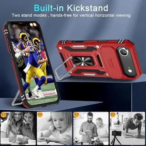 DEERLAMN Case for iPhone Air 6.5-Inch with Slide Camera Cover+Screen Protector(2 Packs), Rotated Ring Kickstand Military Grade Shockproof Protective Cover-Red - 4