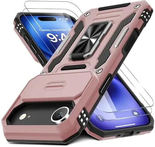 DEERLAMN Case for iPhone Air 6.5-Inch with Slide Camera Cover+Screen Protector(2 Packs), Rotated Ring Kickstand Military Grade Shockproof Protective Cover-Rose Gold 