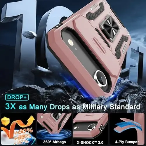 DEERLAMN Case for iPhone Air 6.5-Inch with Slide Camera Cover+Screen Protector(2 Packs), Rotated Ring Kickstand Military Grade Shockproof Protective Cover-Rose Gold - 3