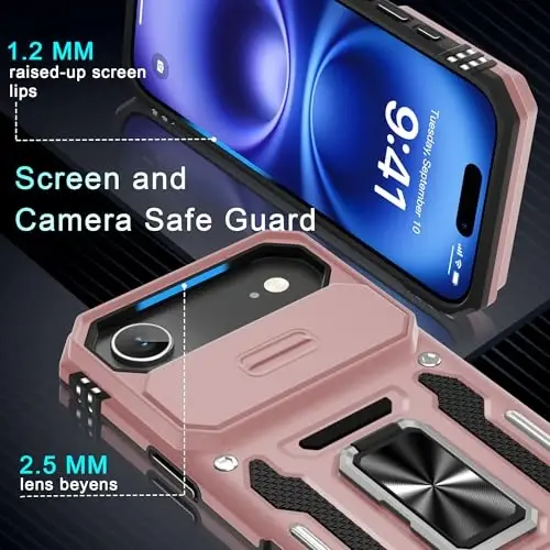 DEERLAMN Case for iPhone Air 6.5-Inch with Slide Camera Cover+Screen Protector(2 Packs), Rotated Ring Kickstand Military Grade Shockproof Protective Cover-Rose Gold - 5