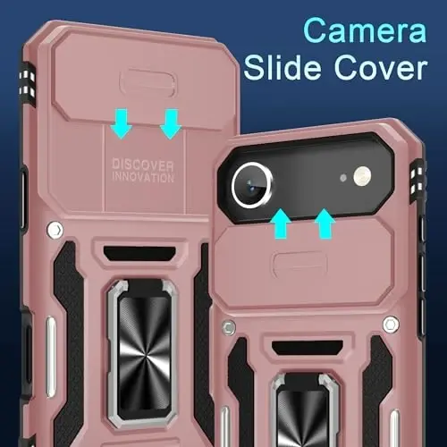 DEERLAMN Case for iPhone Air 6.5-Inch with Slide Camera Cover+Screen Protector(2 Packs), Rotated Ring Kickstand Military Grade Shockproof Protective Cover-Rose Gold - 2