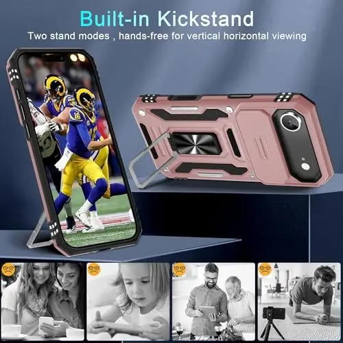 DEERLAMN Case for iPhone Air 6.5-Inch with Slide Camera Cover+Screen Protector(2 Packs), Rotated Ring Kickstand Military Grade Shockproof Protective Cover-Rose Gold - 4